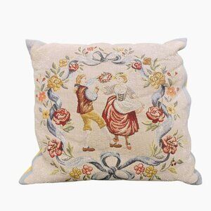 Jules Pansu Paris French Tapestry Pillow, Vintage, Dancing Couple Flowers 17x17